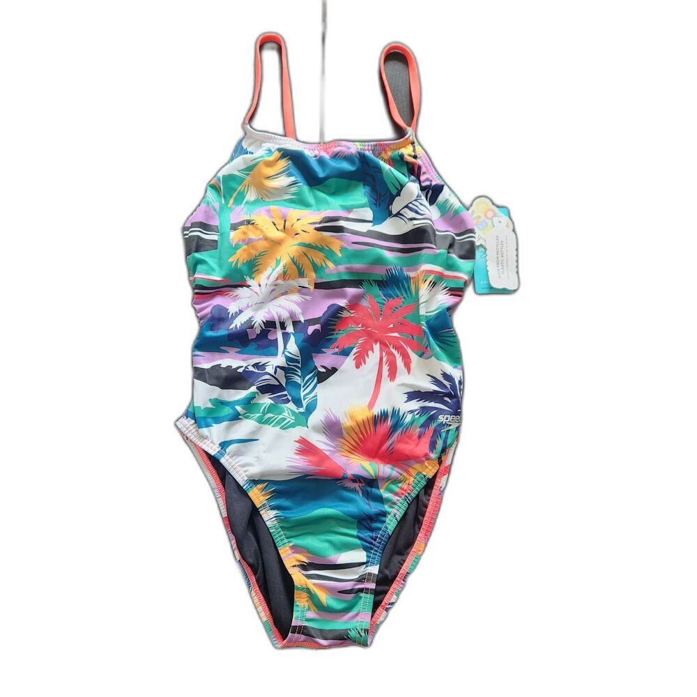 Speedo Palm Tree Tie Back One Piece Swimsuit Size 36 multicolor classic comfort
